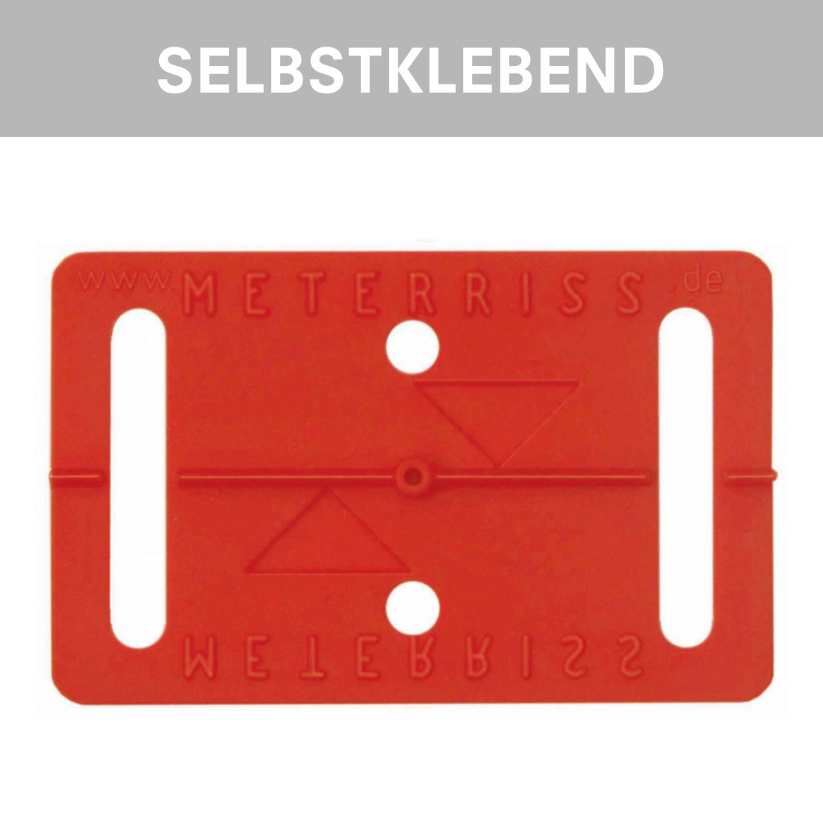 Rote selbstklebende Meterriss-Plakette RS11 von Rothbucher Systeme mit Höhenmarke und Langlöchern.