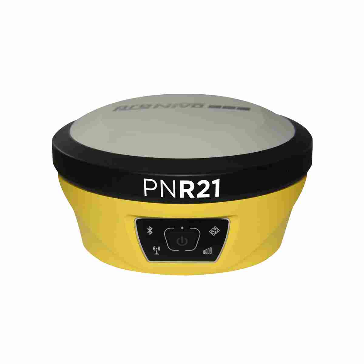 Gelb-schwarzer proNIVO GNSS-Empfänger PNR21 mit Bedienfeld und Statusanzeigen, Frontansicht.