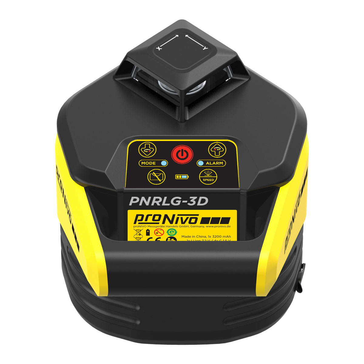 Frontansicht und Bedienfeld des proNIVO PNRLG-3D Rotationslasers mit grünem Laserstrahl.