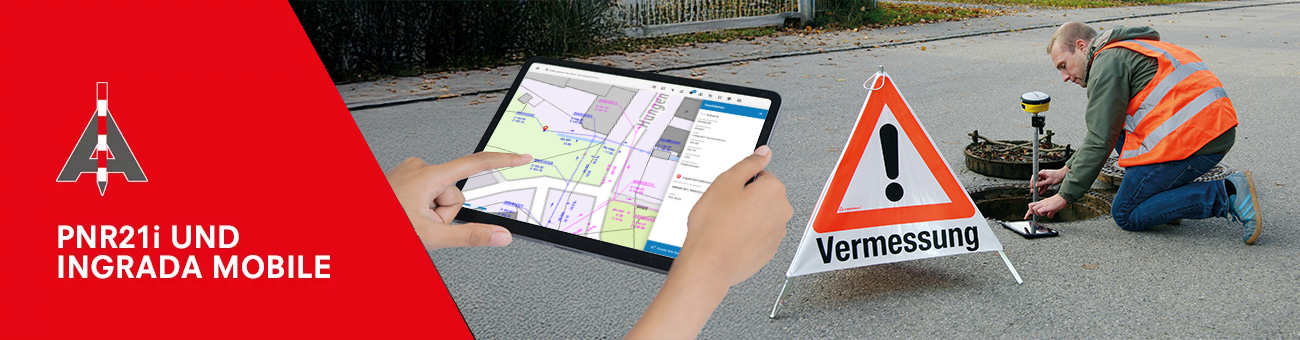 PNR21i GPS-Antenne zur Vermessung am Schacht neben Tablet mit INGRADA mobile App von proNIVO.