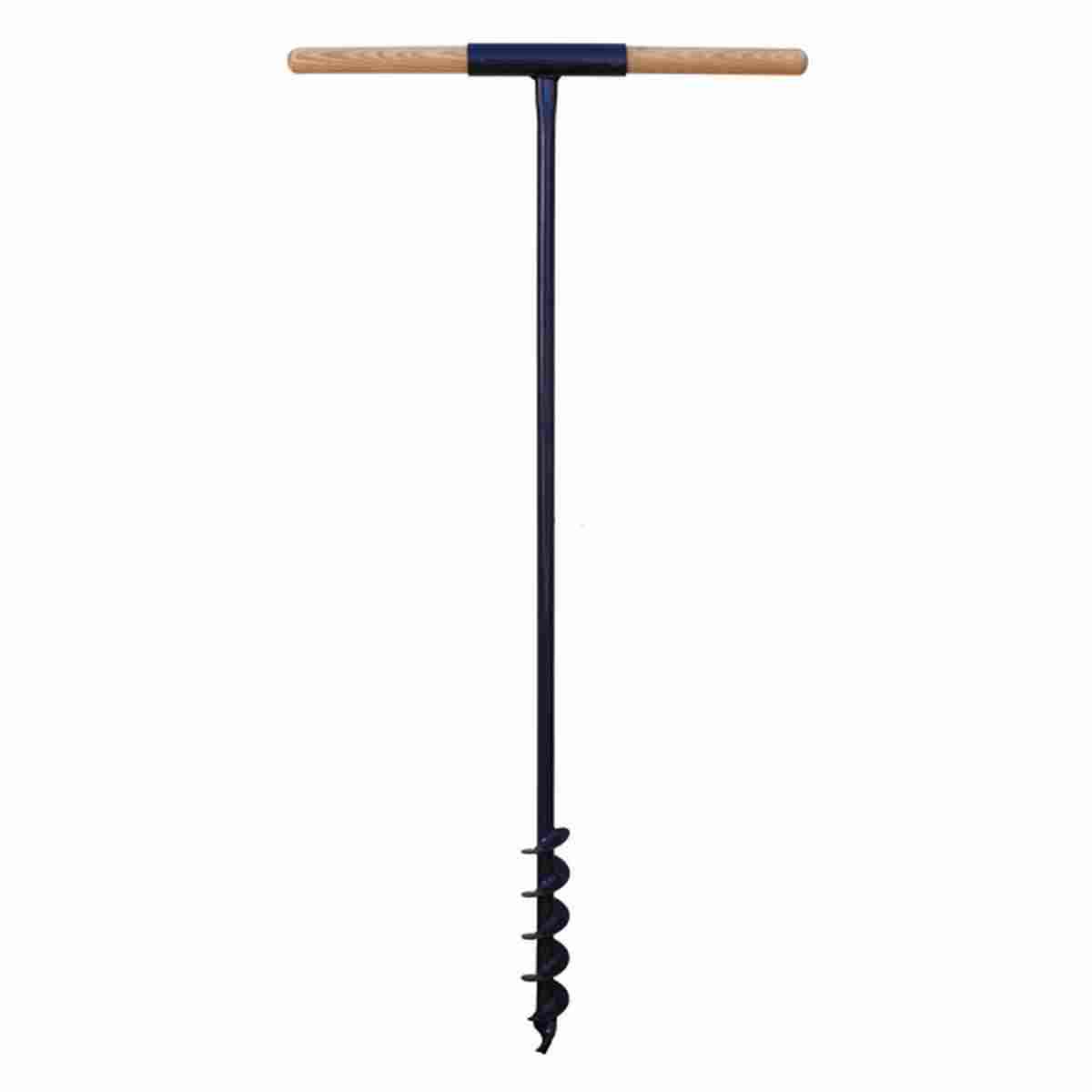 Blauer Hand-Erdbohrer Ø 50 mm, 1 m lang, mit Holz-T-Griff und Spiralbohrkopf.