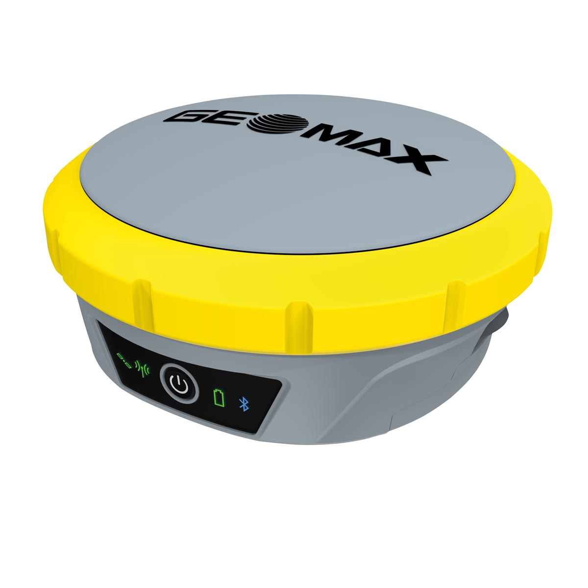 GeoMax GNSS-Empfänger Zenith55 in Grau mit gelbem Schutzring, Status-LEDs und Einschalttaste.