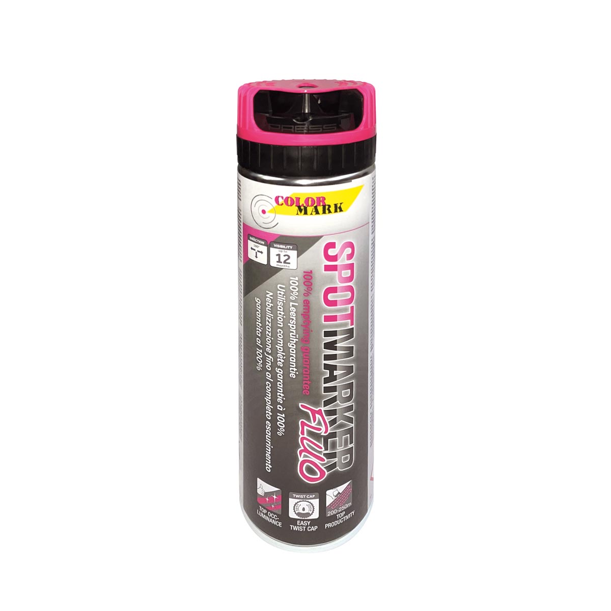 Colormark Spotmarker FLUO 500 ml mit leuchtpinkem Twist-Cap und Sicherheitskappe.