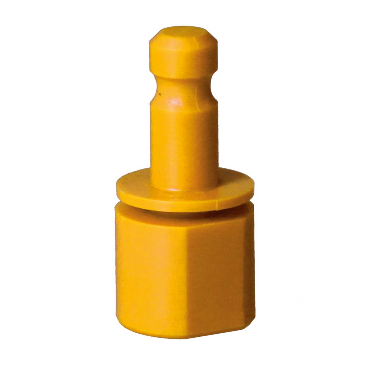 Gelber Kunststoff-Adapter mit Leica-Zapfen und Sechskantaufnahme für Konvergenzbolzen.
