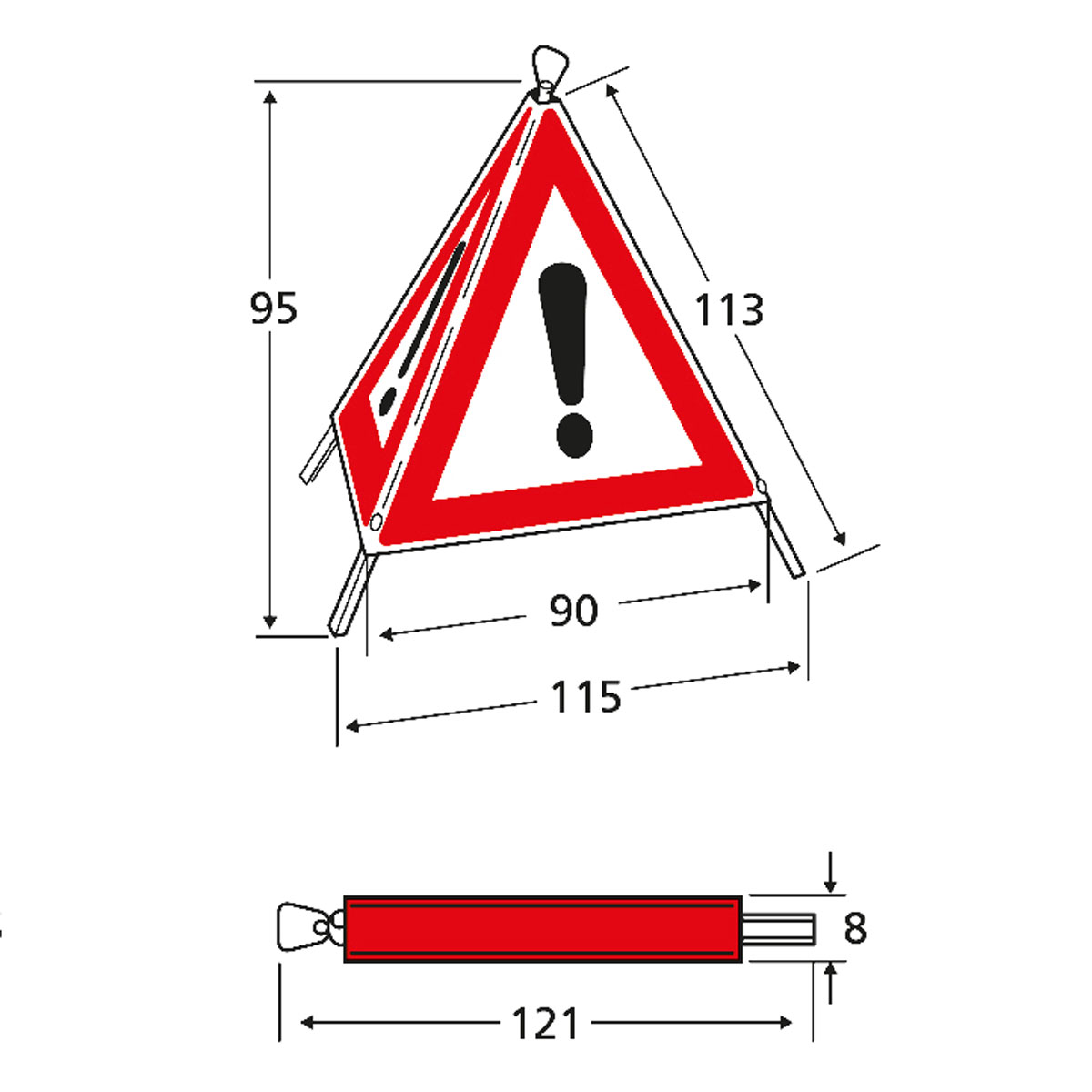 Maßzeichnung des Triopan-Faltsignals 90 cm mit Achtungszeichen: Höhe 95 cm, Breite 115 cm, gefaltet 121 cm.
