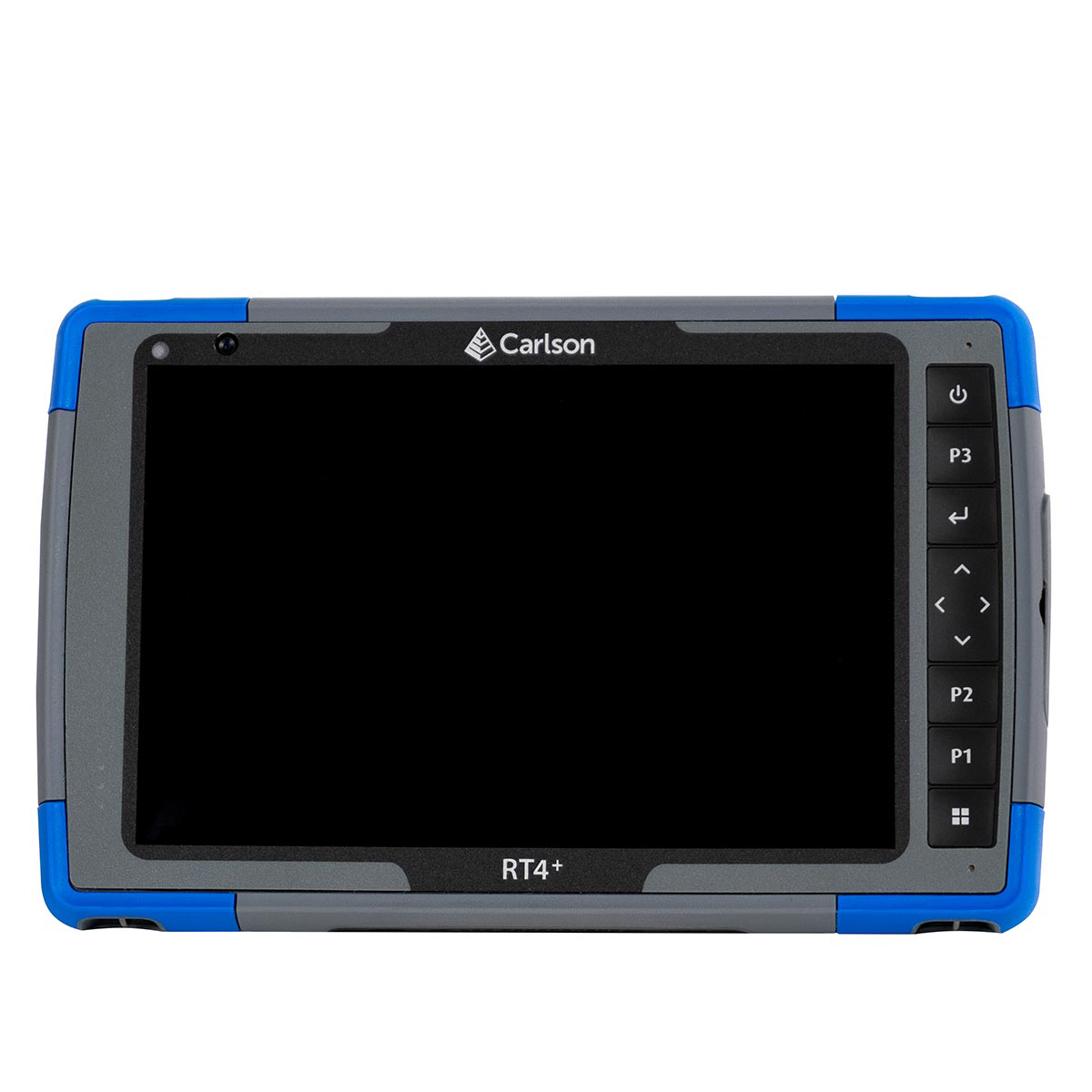 Frontansicht des Carlson RT4+ Outdoor Tablets mit hellm Display und blau-grauem Schutzgehäuse.