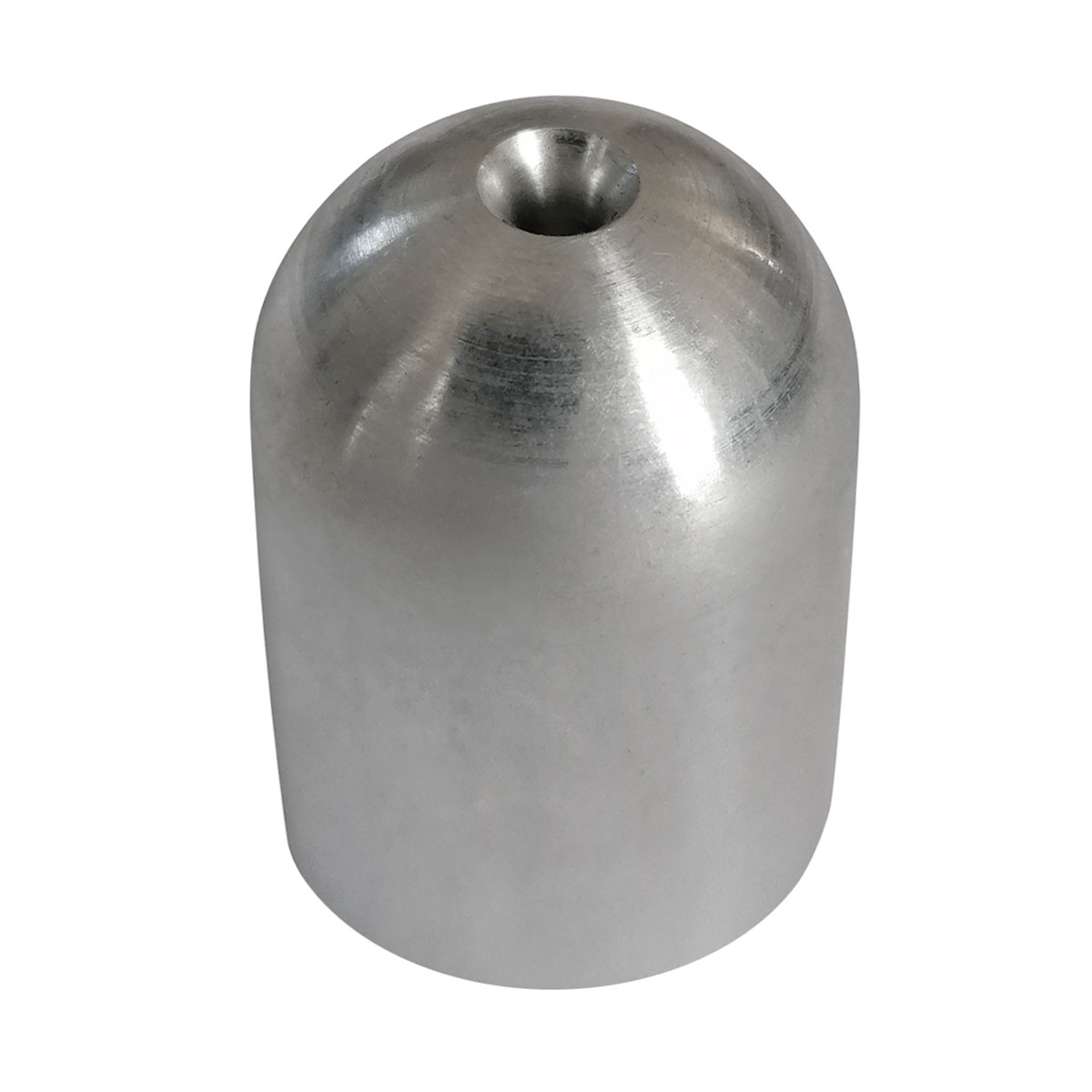 Höhenabschlussbolzen aus Aluminium mit gewölbtem Kopf und Zentrierbohrung.