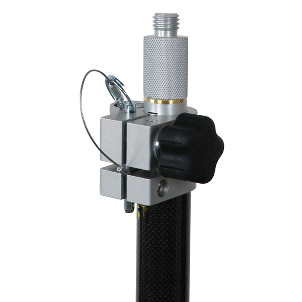 Silberne Klemme mit Sterngriff, Sicherungsseil und 5/8-Zoll-Gewinde am SECO Carbon-Prismenstab.