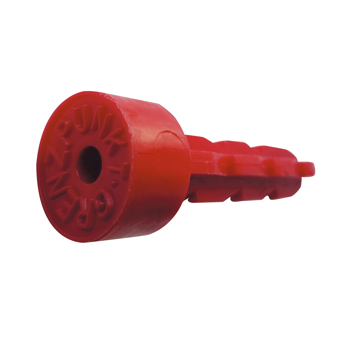 Roter Mauerbolzen aus Kunststoff, 100 mm, mit Kopfaufschrift Grenzpunkt, Mittelbohrung und gezacktem Schaft.