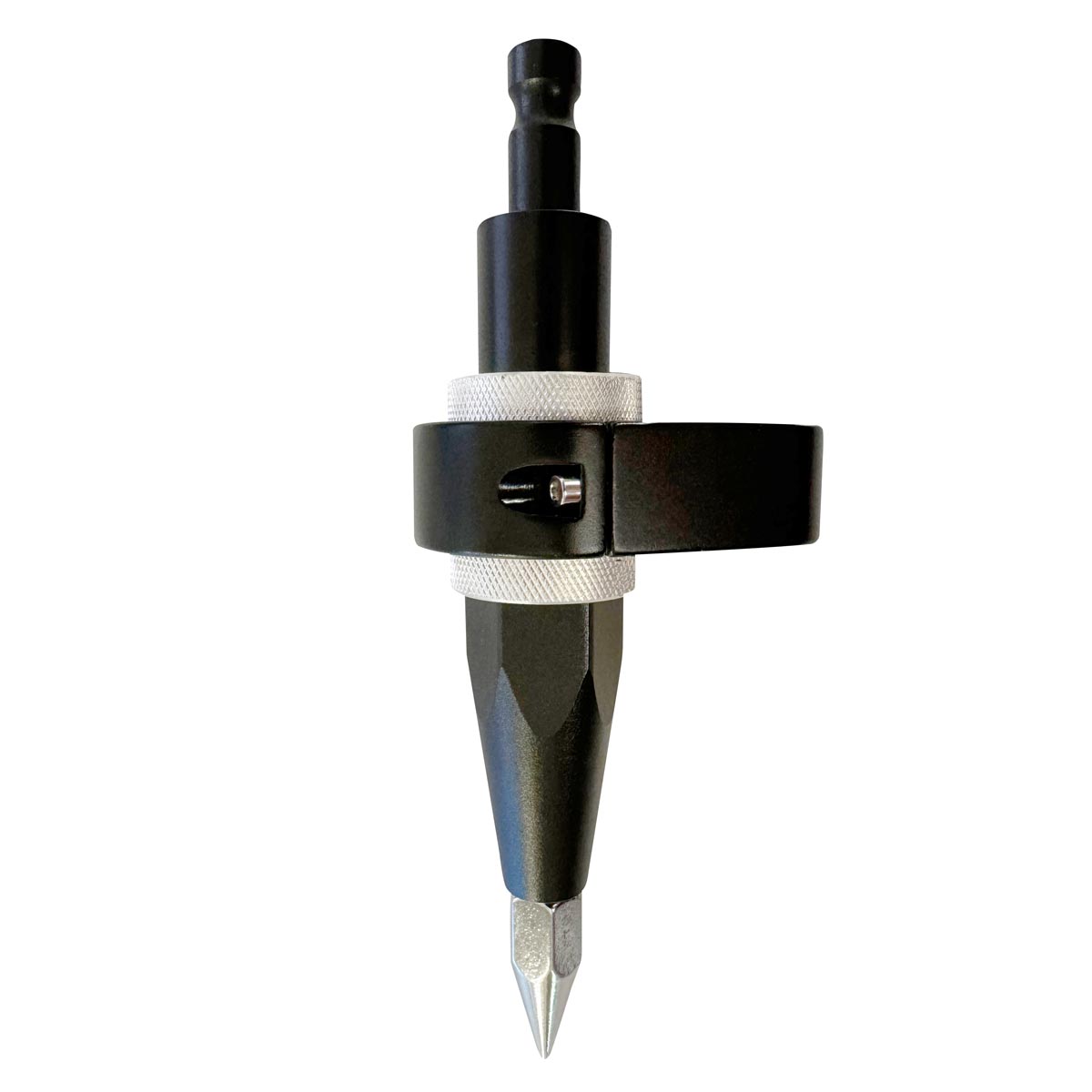 Mini-Prismenstab mit Leica-Zapfen, schwarzer Halterung und Stahlspitze, Seitenansicht.