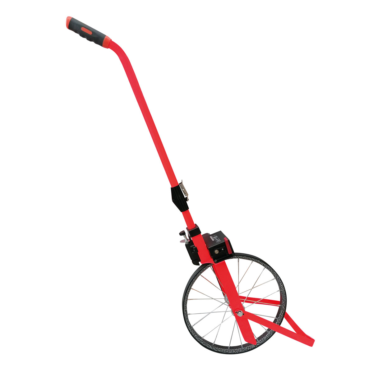 Rolltacho ROLATAPE mit Speichenrad 1 m Radumfang, rotem Rahmen und gebogenem Schiebegriff.