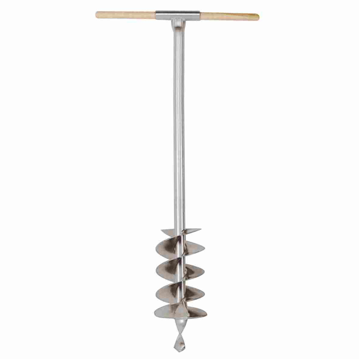 Verzinkter Handerdbohrer Ø 150 mm mit Holz-T-Griff und breiter Bohrspirale.