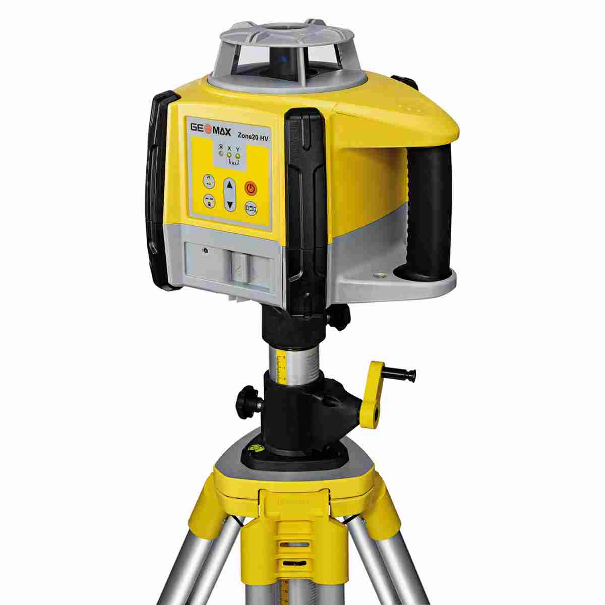 GeoMax Zone20 HV pro Rotationslaser in Gelb auf einem Aluminium-Kurbelstativ.