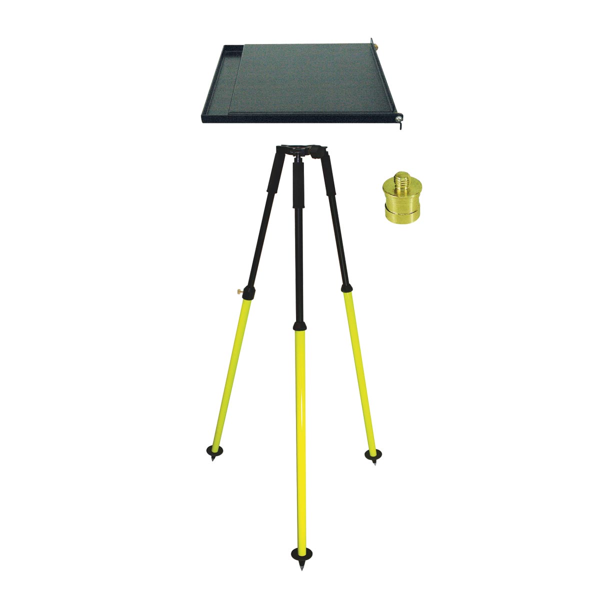 Computer-Feldtisch mit schwarzer Ablageplatte, gelb-schwarzem Dreibeinstativ und Messingadapter.