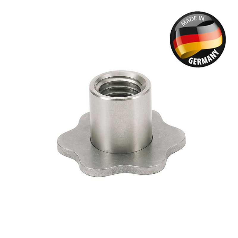 Fixpunkt aus Edelstahl von Rothbucher Systeme mit 5/8 Zoll Innengewinde und sternförmigem Flansch.