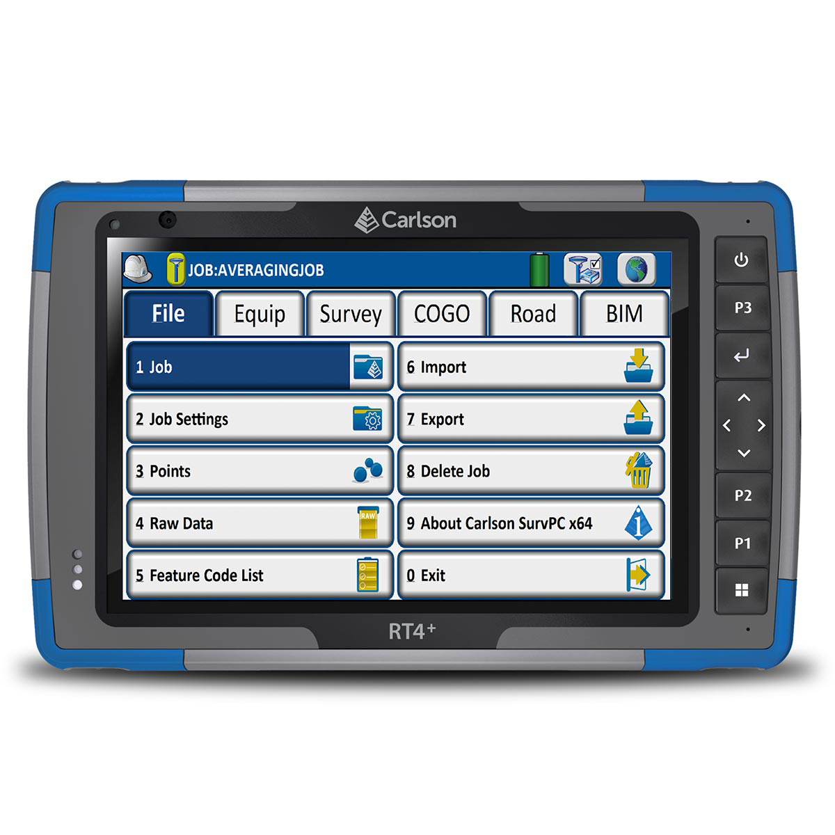 Carlson RT4+ Tablet mit eingeschaltetem Display und aktiver Carlson SurvPC Vermessungssoftware.