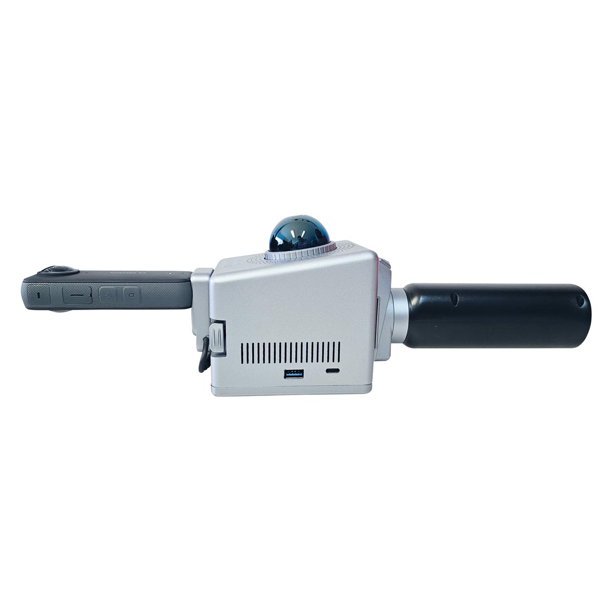 Der FJD Trion P1 LiDAR-Scanner von oben, mit ergonomischen Handgriffen für komfortables mobiles Scannen.