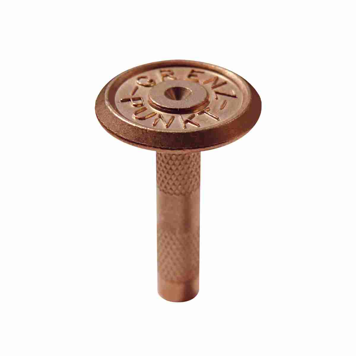 Kupferbolzen 40 mm mit gerändeltem Schaft und Kopf Ø 30 mm mit eingeprägter Aufschrift Grenzpunkt.