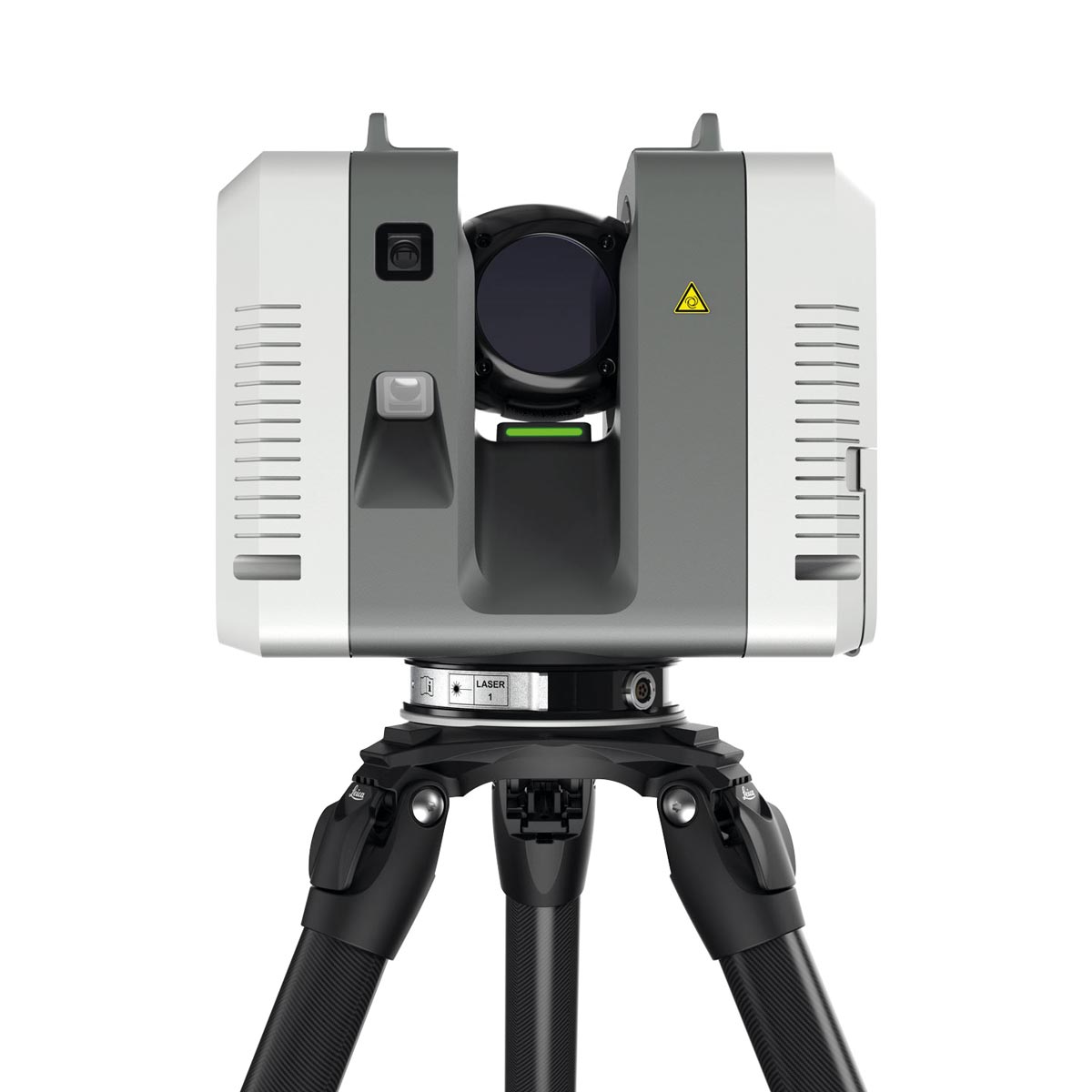 Der kompakte, weiße und graue Leica RTC360 LT 3D-Laserscanner auf einem Stativ, bereit für die Erfassung.