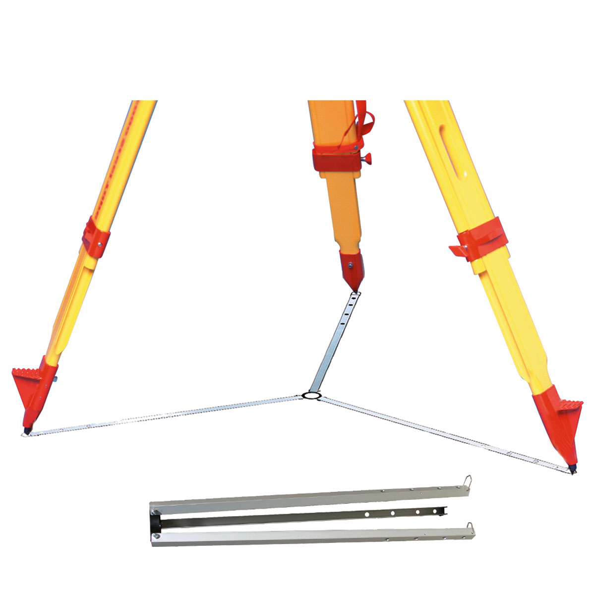 Aufgebauter Stativstern aus Alu mit Holzstativ und zusammengeklapptem Stativstern für Vermessungsarbeiten.