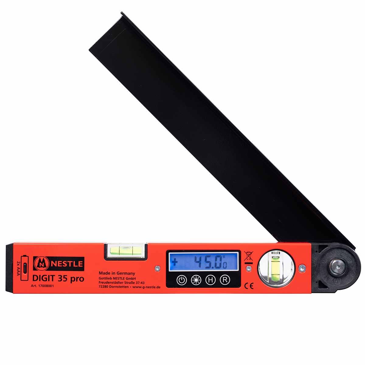 NESTLE Digitaler Winkel- und Neigungsmesser mit Wasserwaage DIGIT 35 pro mit ausgeklapptem Schenkel.
