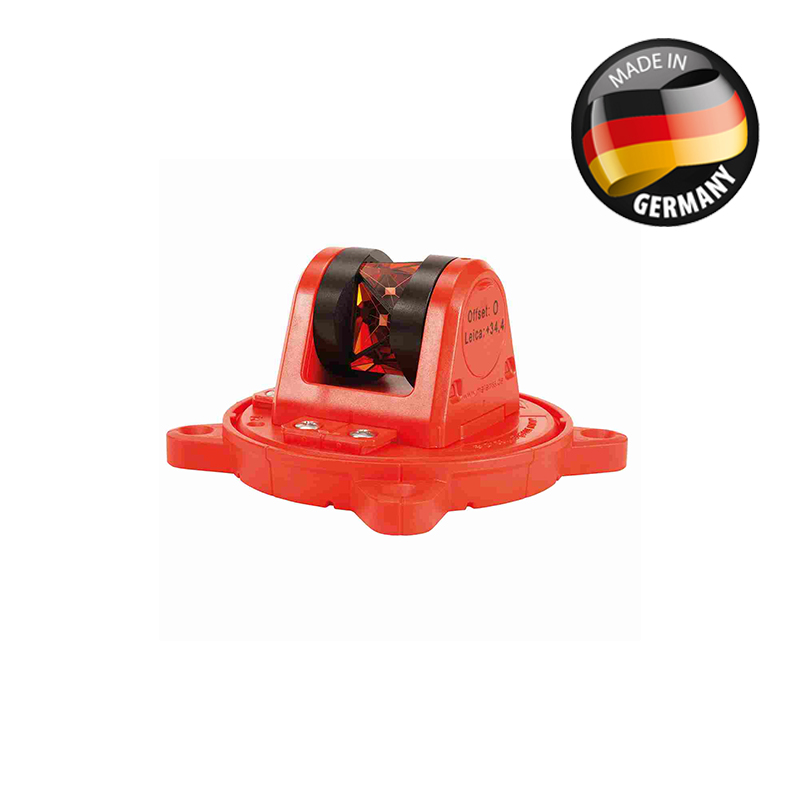 Rotes 220°-Miniprisma RSMP490M von Rothbucher Systeme in kippbarer Halterung auf drehbarer Grundplatte.