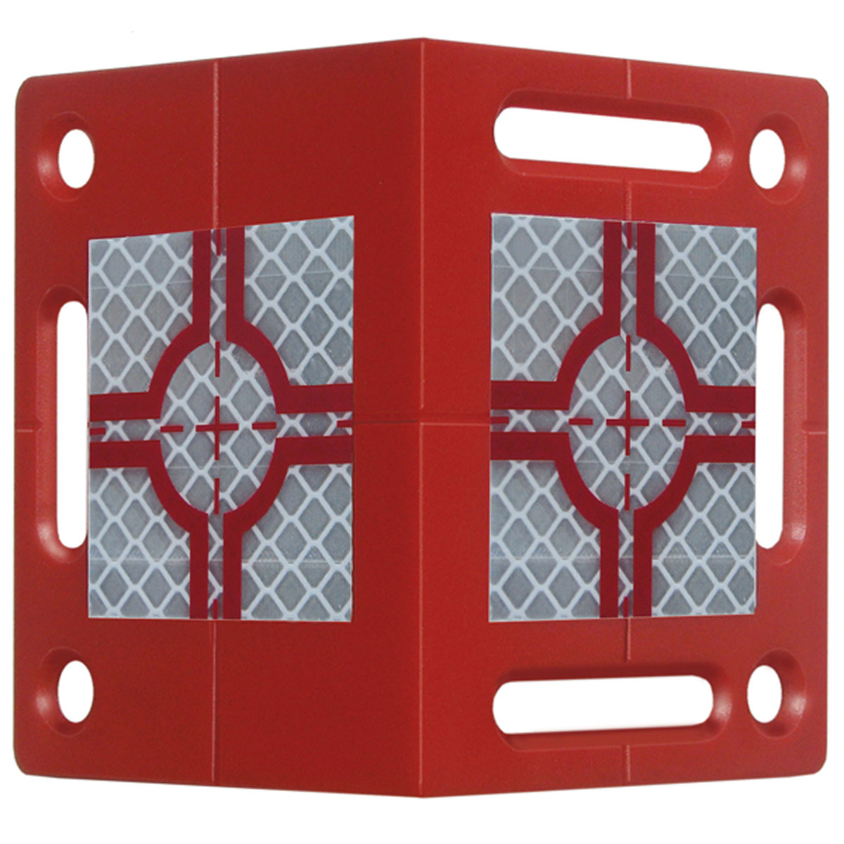 Nahaufnahme der roten Winkel-Vermessungsplakette RS80 mit zwei reflektierenden Zielmarken und Langlöchern.