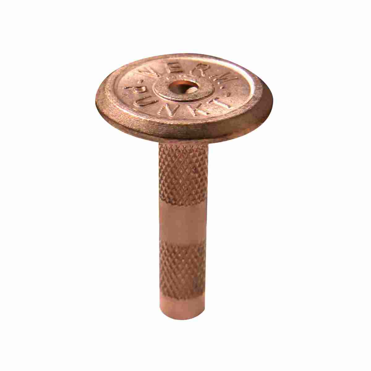 Kupferbolzen 40 mm mit gerändeltem Schaft und Kopf Ø 30 mm mit eingeprägter Aufschrift Verm. Punkt.