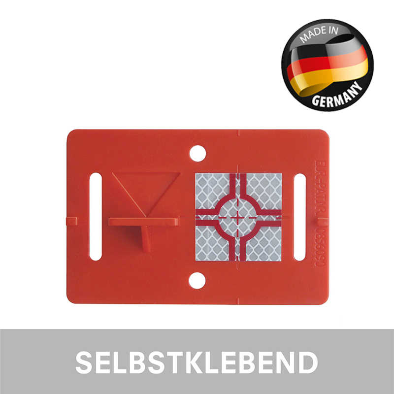 Rote BIM Vermessungs-Plakette RS31R, selbstklebend, mit Höhenmarke und reflektierender Zielmarke.