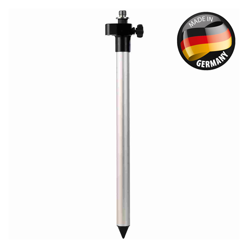 Nestle MIDI-Prismenstab aus Aluminium mit 5/8-Zoll-Gewinde, Klemme und Spitze, daneben Siegel Made in Germany.