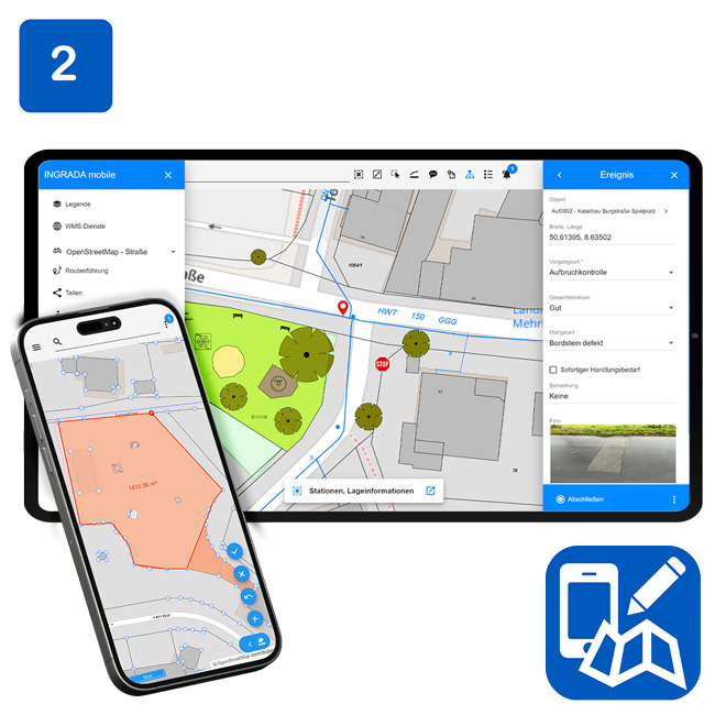 INGRADA mobile GIS-App auf Tablet und Smartphone zur digitalen Erfassung mit der proNIVO PNR21i GPS-Antenne.