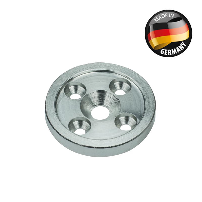Verzinkte Zentrierplatte für 40-mm-Kugelbasis mit Zentralbohrung und vier Senkbohrungen, daneben Siegel Made in Germany.