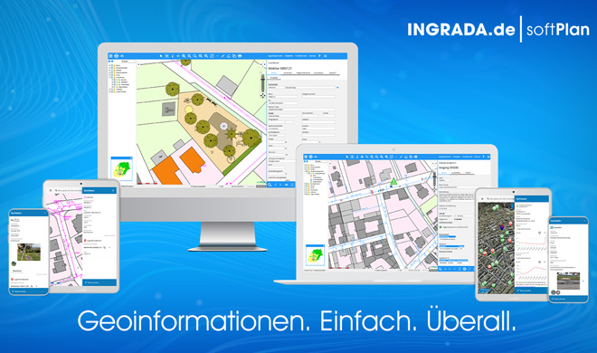 INGRADA mobile GIS-Software auf Monitor, Laptop und Smartphone zur digitalen Erfassung mit einer GPS-Antenne.