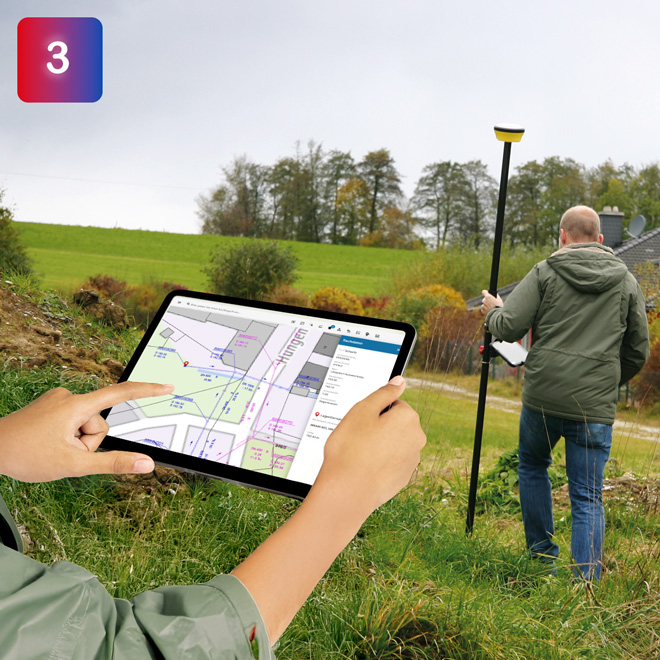 Vermessung mit proNIVO PNR21i GPS-Antenne auf Fluchtstab und INGRADA mobile GIS-App auf einem Tablet im Feld.