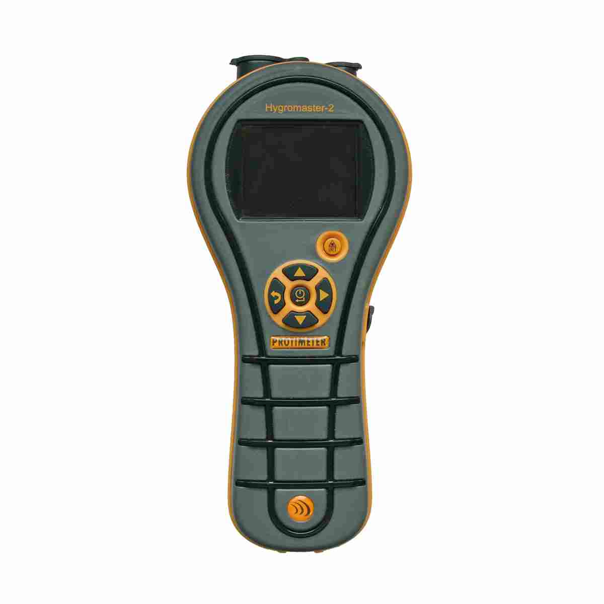 Protimeter Hygromaster-2 Feuchtigkeitsmesser in Grau-Orange mit Display und Navigationstasten, Frontansicht.