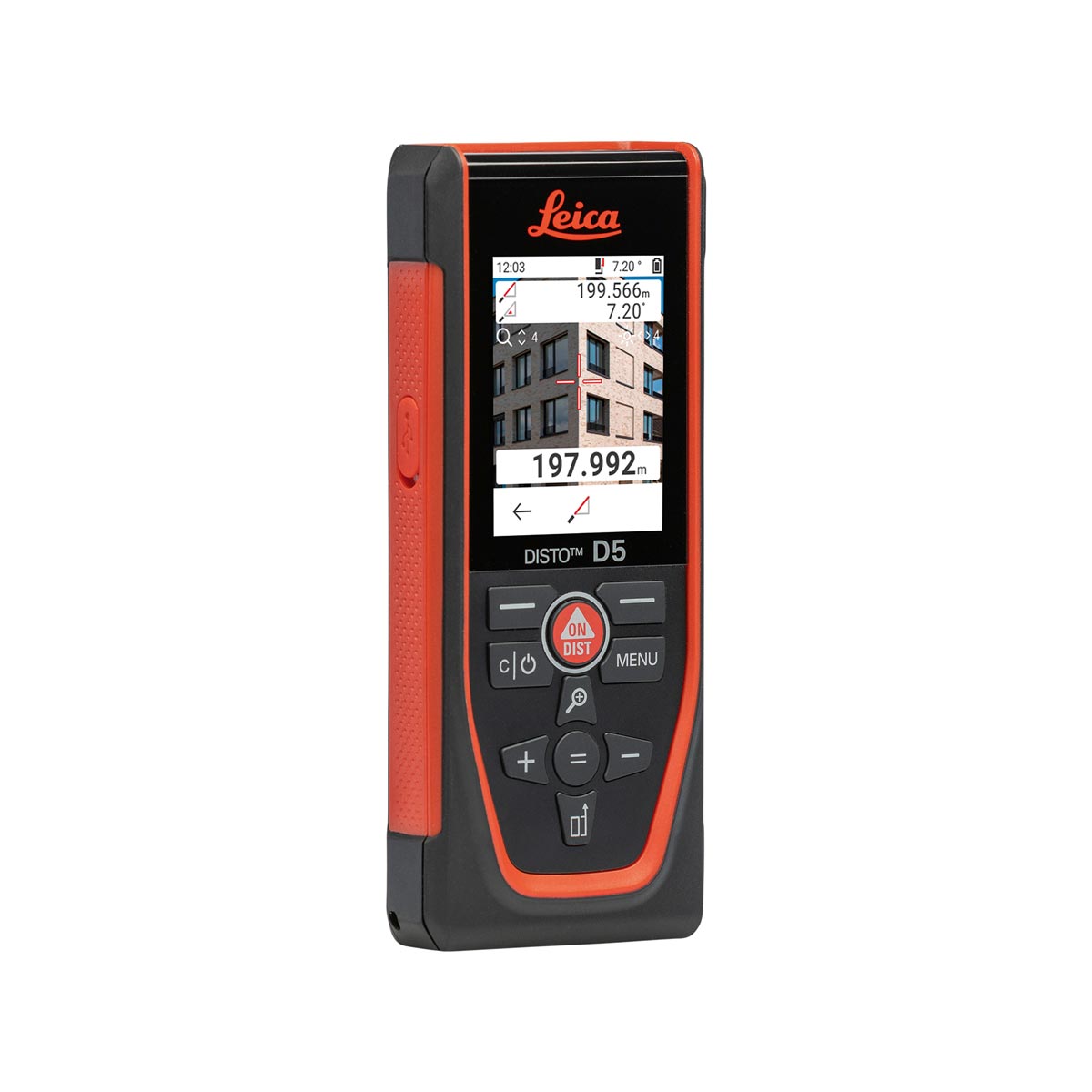Leica Disto D5 Laser-Entfernungsmesser in Rot-Schwarz mit Farbdisplay und Zielsucher.