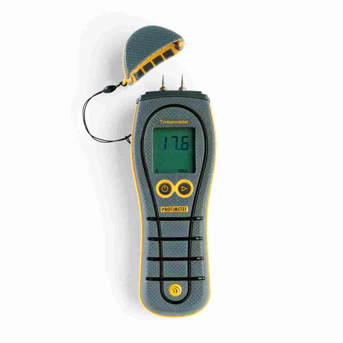 Protimeter Timbermaster Standard Feuchtigkeitsmessgerät für Holz mit abgenommener Schutzkappe und freiliegenden Stiftelelektroden.