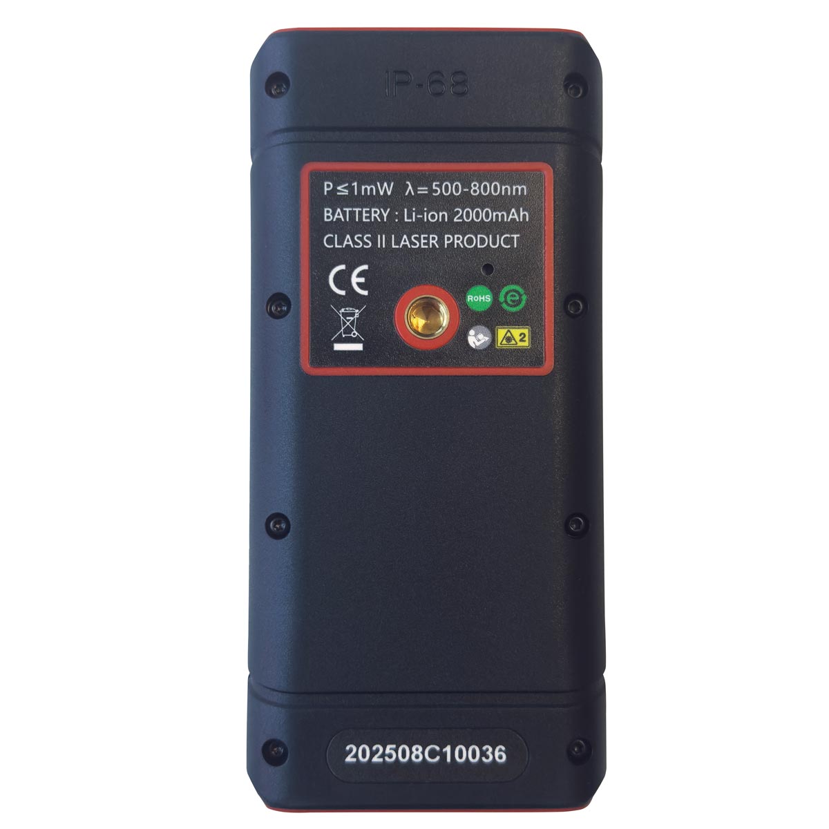 Rückseite des staub- und wasserdichten Nestle NDL-120C Laser Distanzmessers mit Typenschild und USB-C Ladeanschluss.