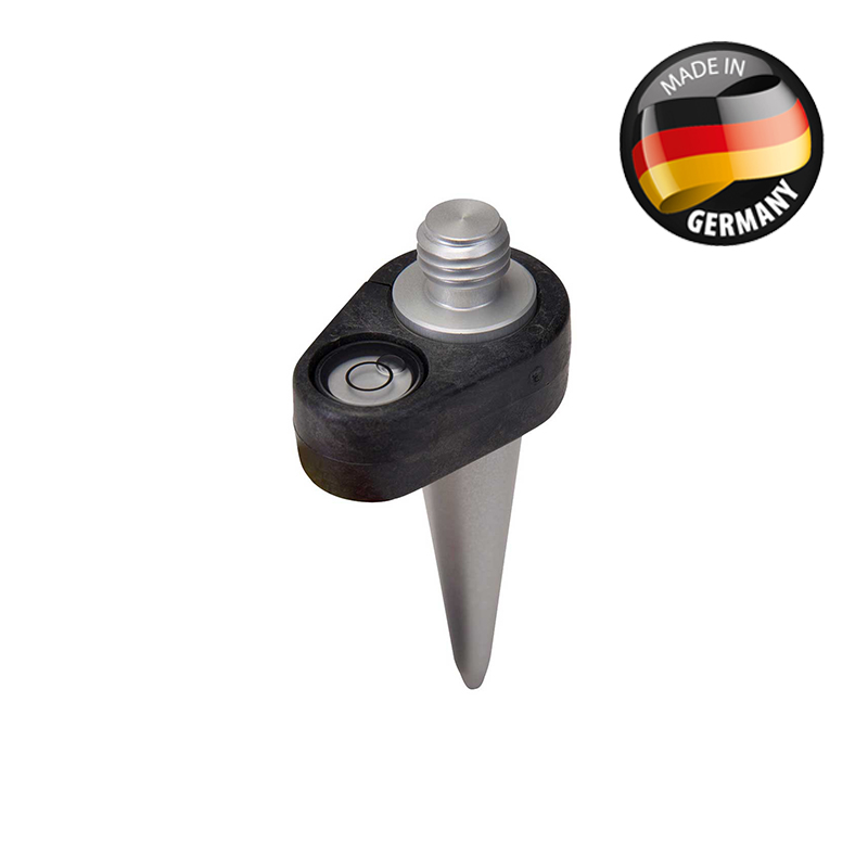 Mini-Prismenstab-Spitze mit 5/8-Zoll-Gewinde und Dosenlibelle, daneben Siegel Made in Germany.