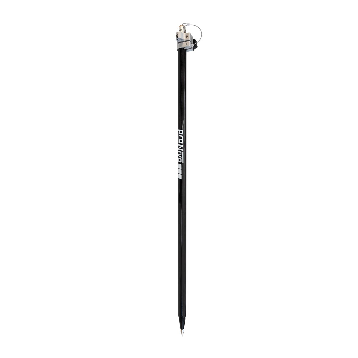 Schwarzer proNIVO Universal-Carbonstab 2,2 m mit silberner Klemme und Stahlspitze.