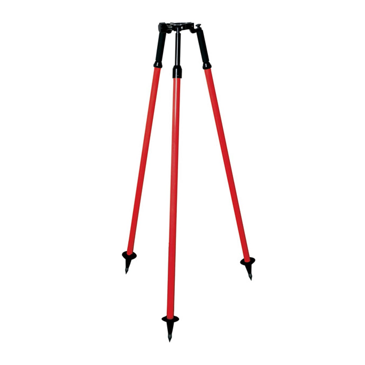 Rotes SECO Dreibein-Prismenstativ mit schwarzen Griffen, Stabklemme und Fußtellern.