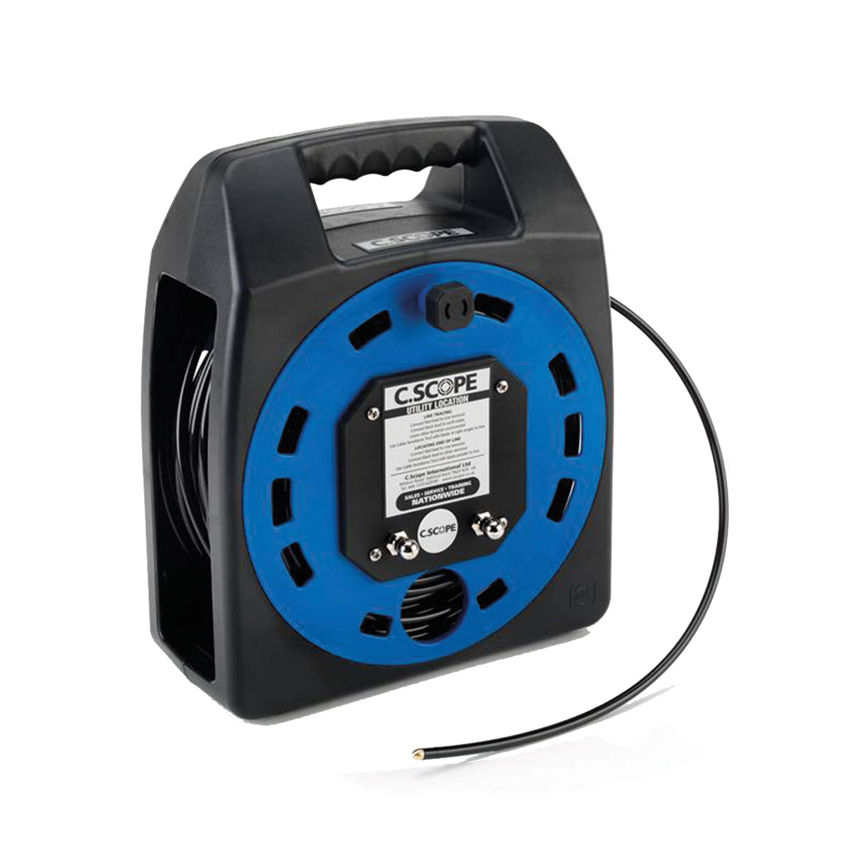 C.Scope Röhrenschlange 50 m Ø 6 mm auf schwarz-blauer Kabeltrommel mit Tragegriff und Anschlussklemmen.