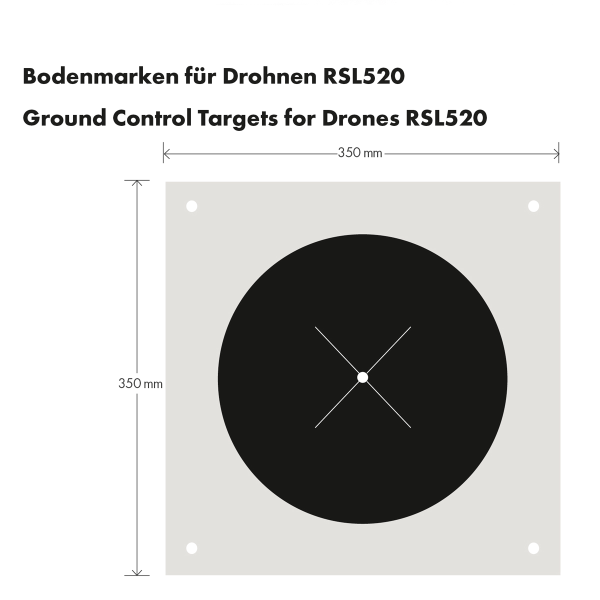 Maßzeichnung der Drohnen-Bodenmarke RSL520: 350 x 350 mm mit schwarzem Kreis und Mittelpunktmarkierung.