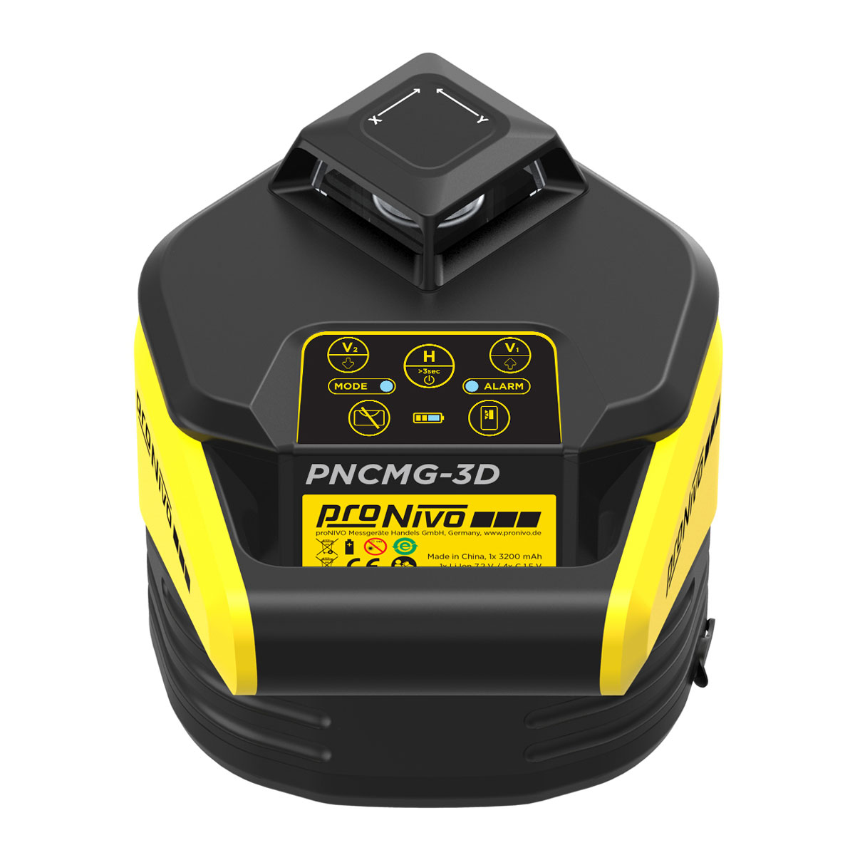 Draufsicht auf den proNIVO PNCMG-3D mit Bedienfeld für V1, V2, H, Mode und Alarm.