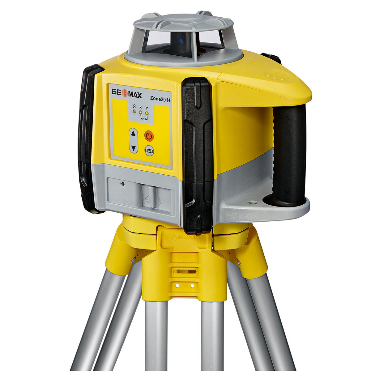 Gelber GeoMax Rotationslaser Zone20 H mit Bedienfeld und Tragegriff auf einem Stativ.