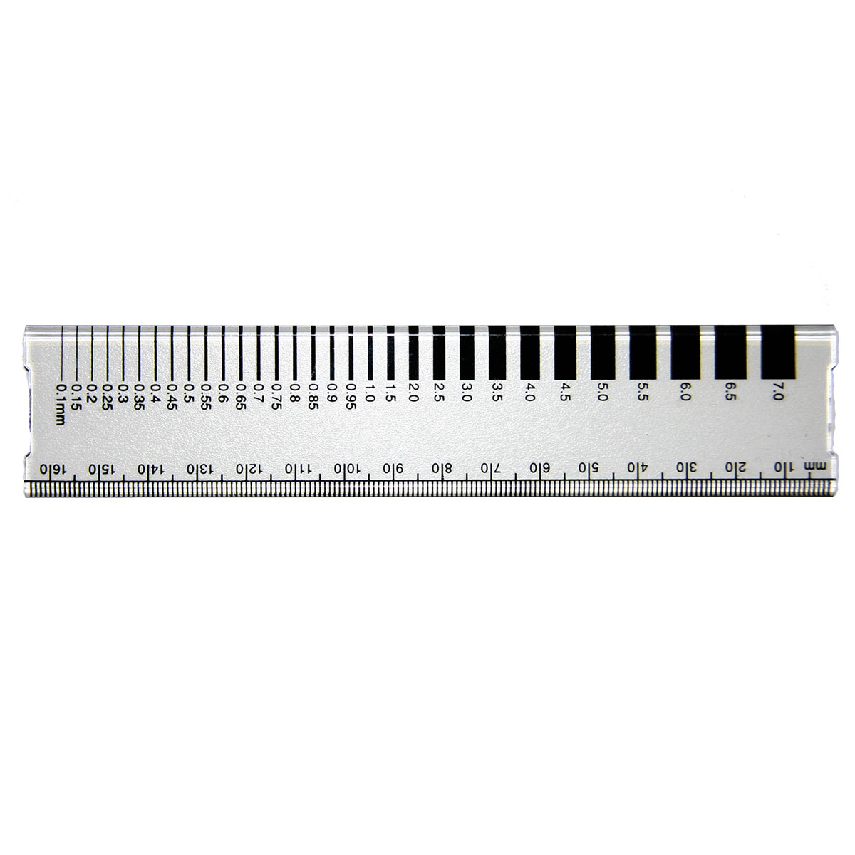 Transparentes Rissbreiten-Lineal mit Strichstärken von 0,1 bis 7 mm und Millimeterskala bis 165 mm.