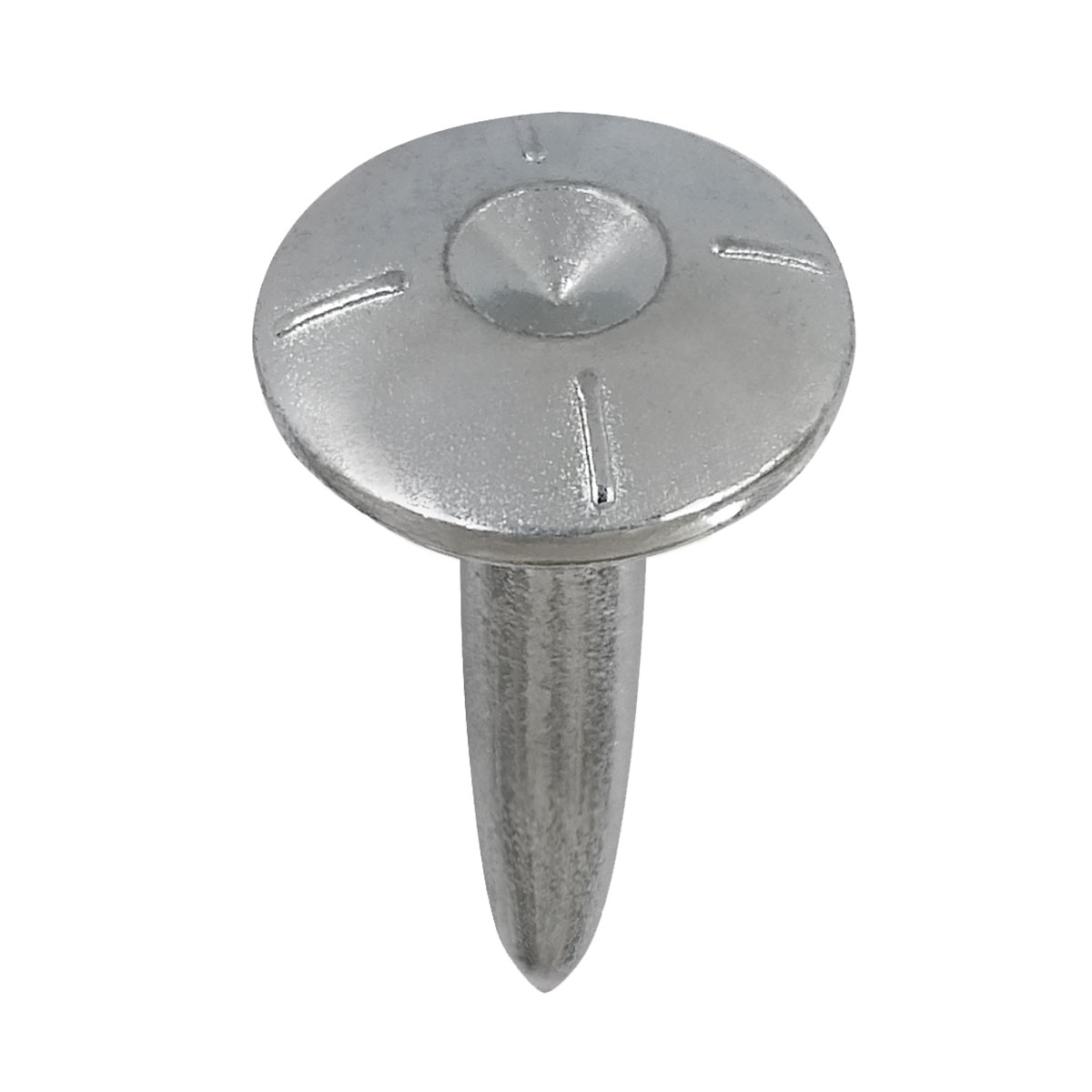 Verzinkter Superkopfbolzen 55 mm mit eingeprägtem Strichkreuz und zentraler Körnung im Kopf.