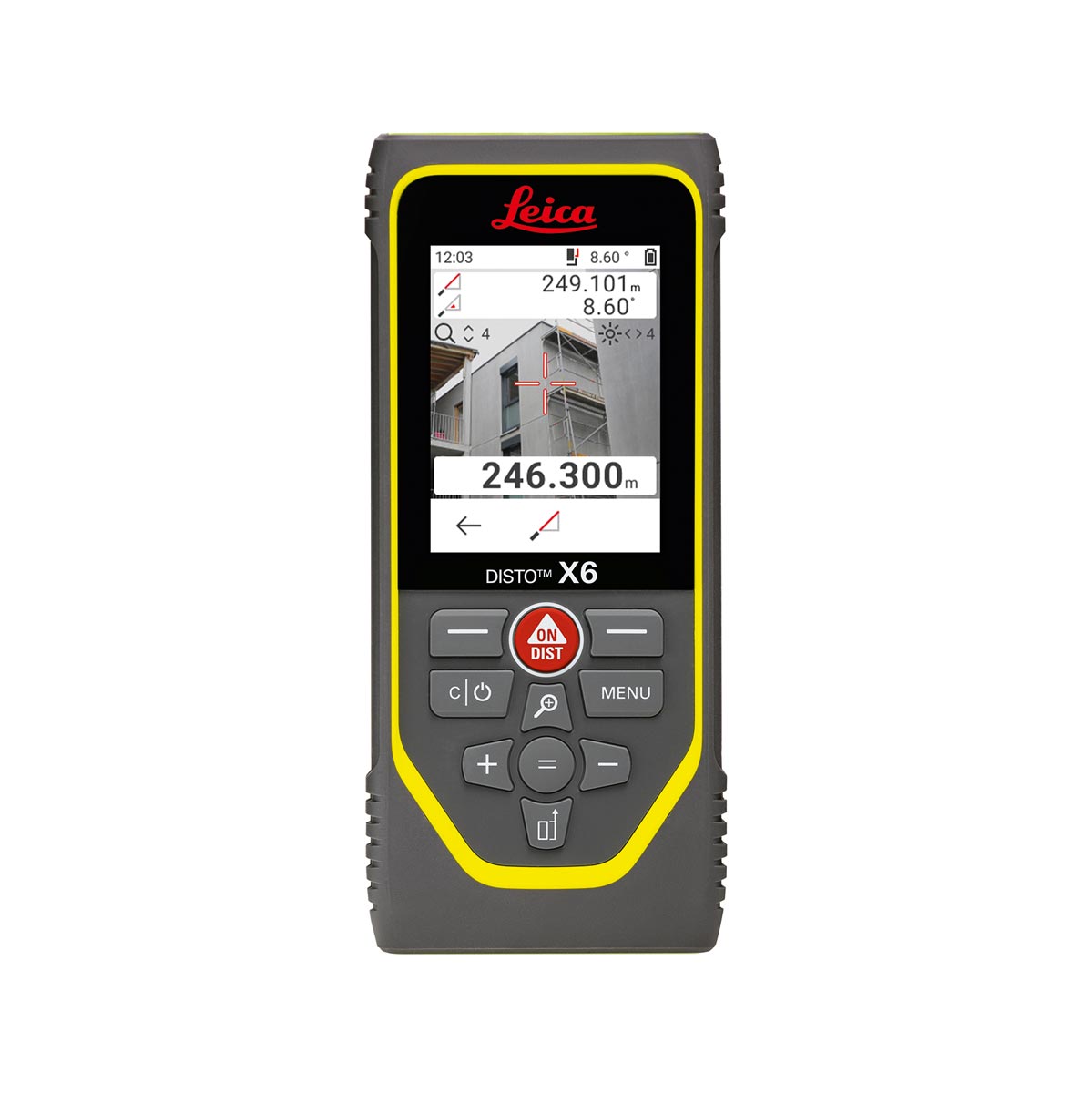 Frontansicht des Leica Disto X6 mit Pointfinder-Kamerabild und Tastenfeld.