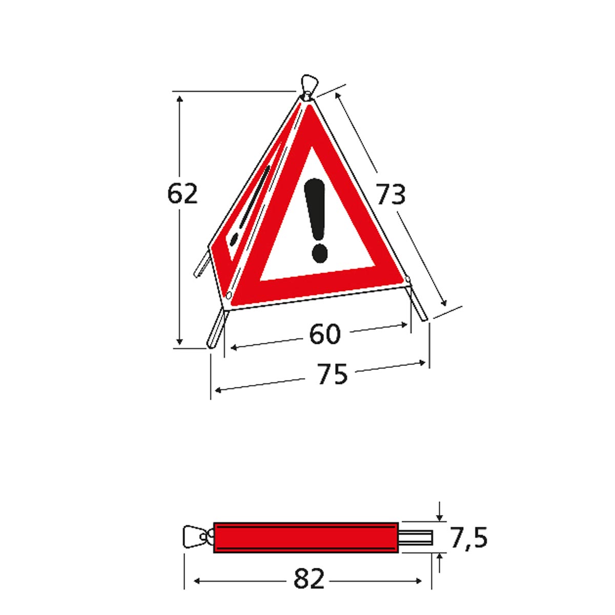 Maßzeichnung des Triopan-Faltsignals Typ 60 mit Achtungszeichen: Höhe 62 cm, Breite 75 cm, gefaltet 82 cm.