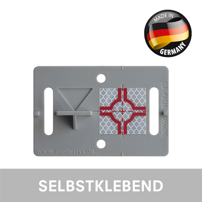 Graue BIM Vermessungs-Plakette RS31G, selbstklebend, mit Höhenmarke und reflektierender Zielmarke.